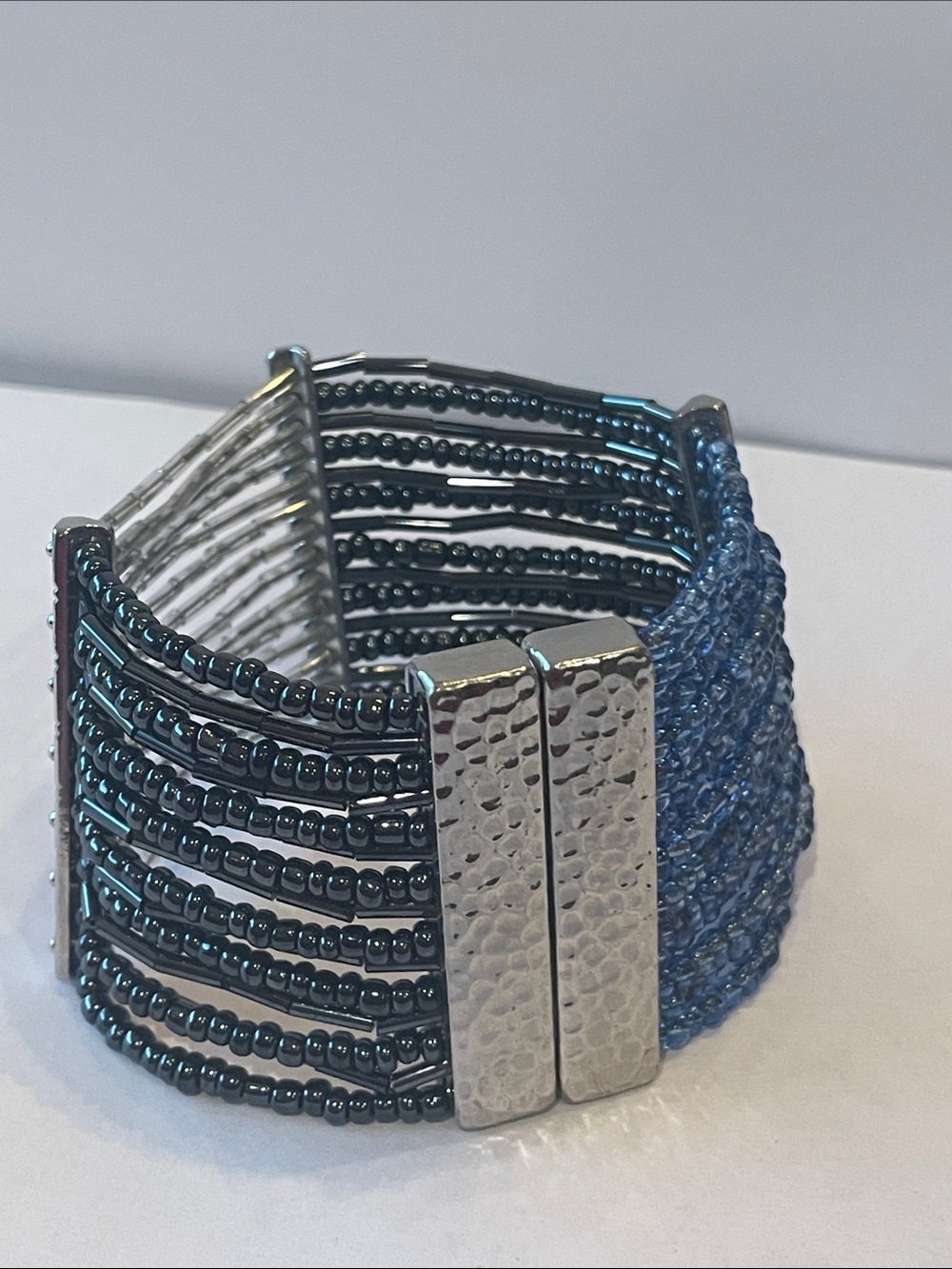 Beaded Multi-Row Cuff Bracelet in Gunmetal and Blue